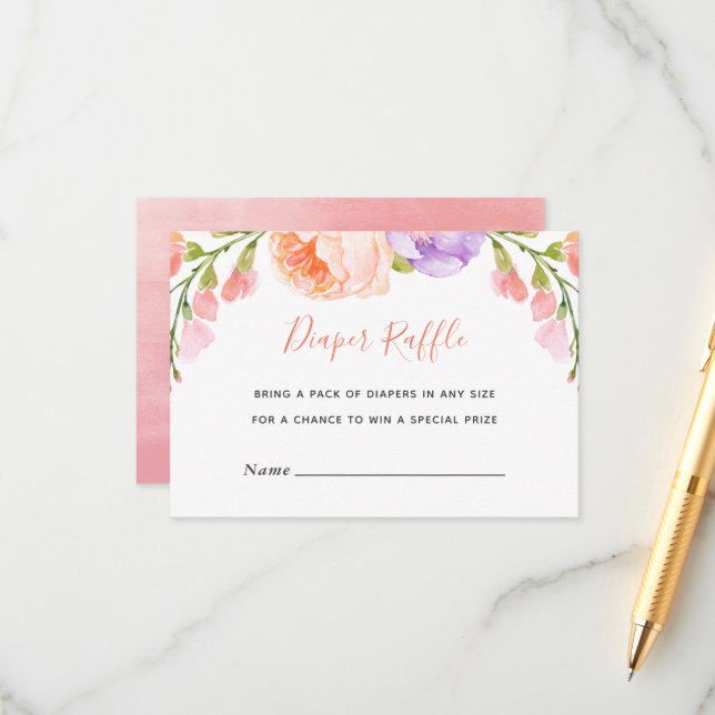 Watercolor Floral Baby Shower Diaper Raffle Card (Front/Back In Situ)