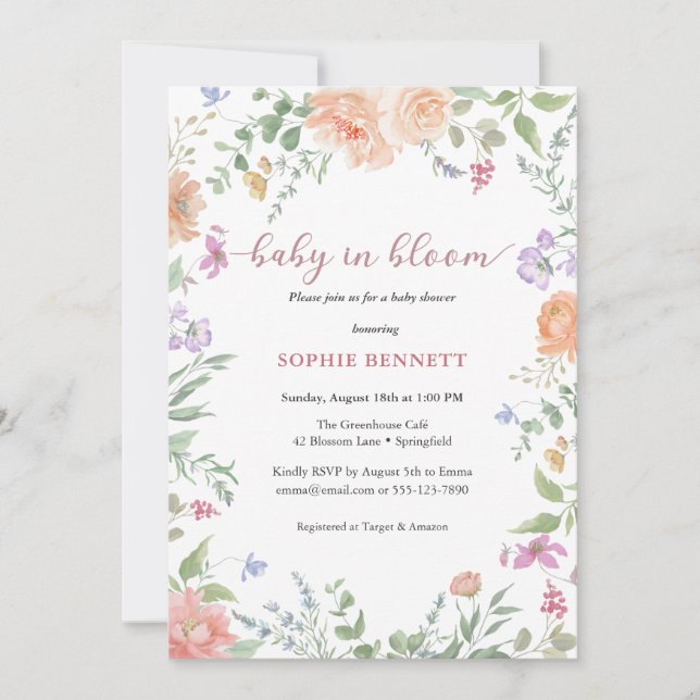Watercolor Floral Baby Shower Invitation (Front)