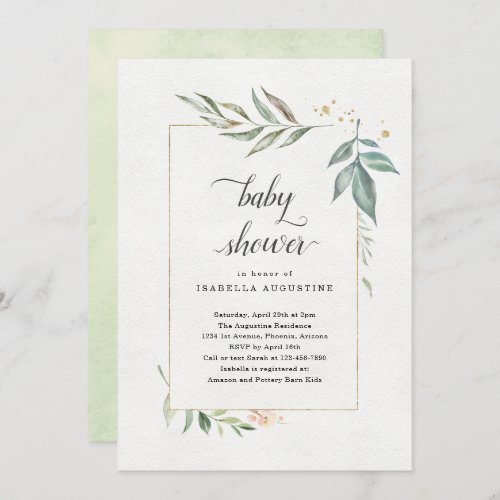 Watercolor Floral Baby Shower Invitation - Delicate flowers and greenery provide a lovely backdrop for your bridal shower invitation.  Blush, yellow, and sage watercolor flowers on a solid white background contrast nicely with the sage green watercolors on the reverse side.  On the front, the gold (faux glitter) in framing the flowers and the text provides a pop of elegance. The gender neutral palette is perfect for either a little baby girl or boy on the way. Matching items available in the Summer Floral Collection in my store.
