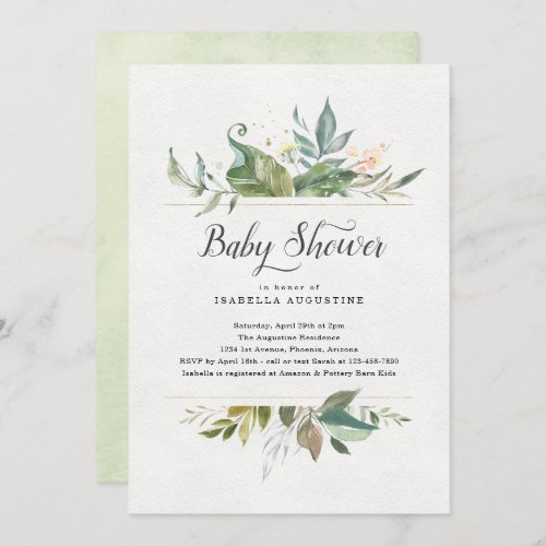 Watercolor Floral Baby Shower Invitation - Delicate flowers and greenery provide a lovely backdrop for your baby shower invitation.  Peach, yellow, and green watercolor flowers on a solid white background contrast nicely with the green watercolors on the reverse side.  On the front, the gold (faux glitter) in between the flowers and the text provides a pop of elegance.  The gender neutral palette is perfect for either a little baby girl or boy on the way. Matching items available in the Summer Floral Collection in my store.