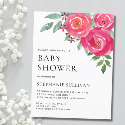 Watercolor Floral Baby Shower  Invitation Postcard