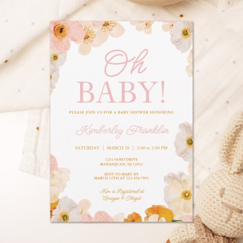 Watercolor floral baby shower invitations