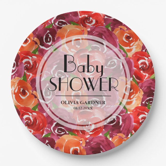 Watercolor Floral Baby Shower Paper Plates (Front)