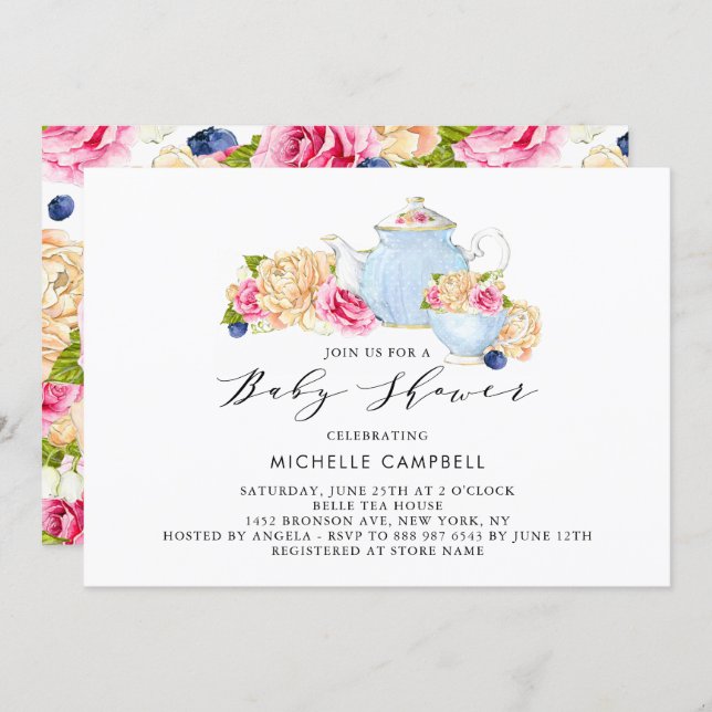 Watercolor Floral Baby Shower Tea Party Invitation (Front/Back)