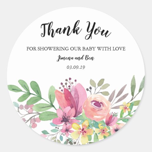 Watercolor Floral Baby Shower Thank You Classic Round Sticker