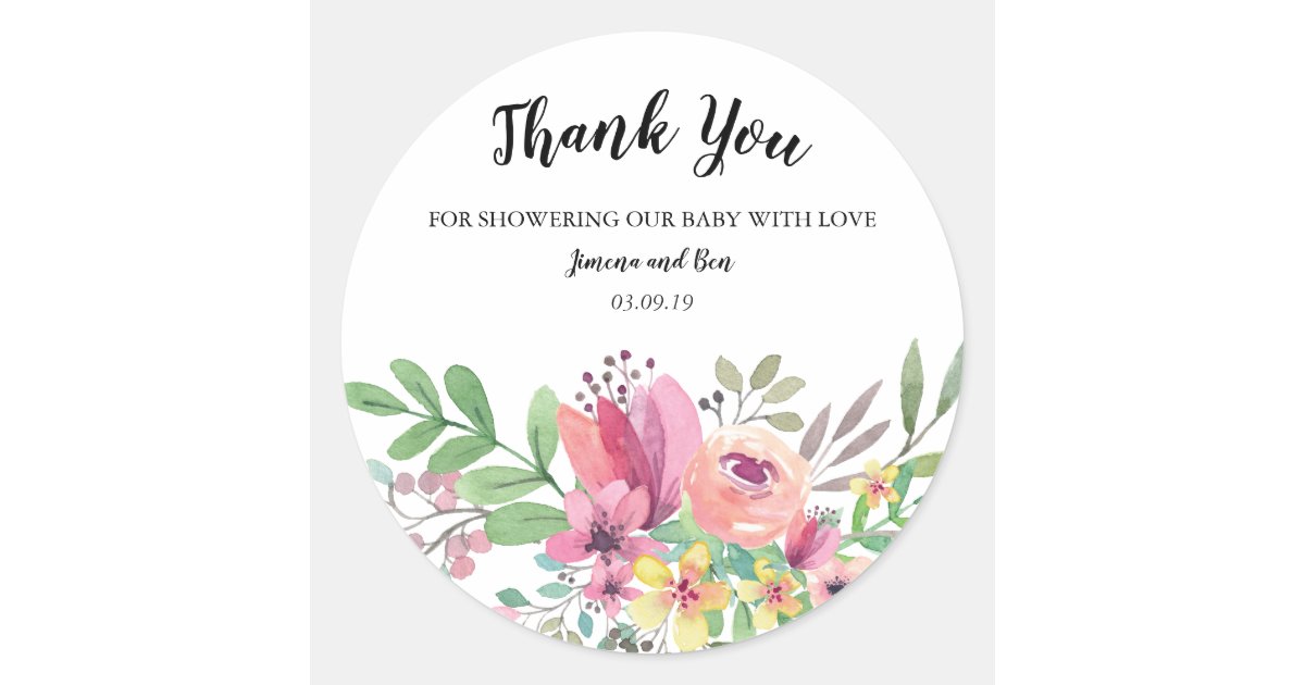 Watercolor Floral Baby Shower Thank You Classic Round Sticker | Zazzle