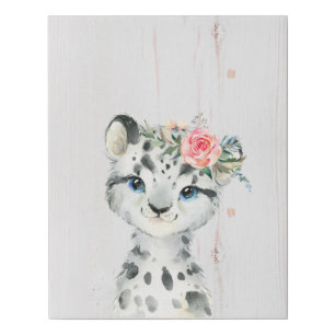 Watercolor Floral Baby Snow Leopard Faux Canvas Print