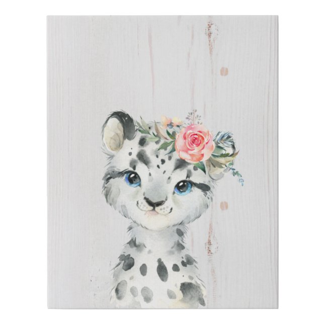 Watercolor Floral Baby Snow Leopard Faux Canvas Print (Front)