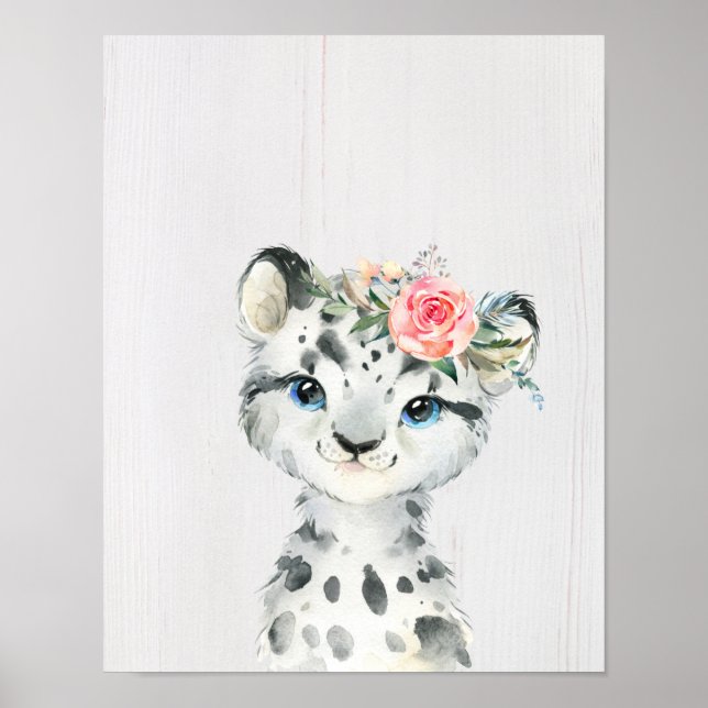 Watercolor Floral Baby Snow Leopard Poster (Front)