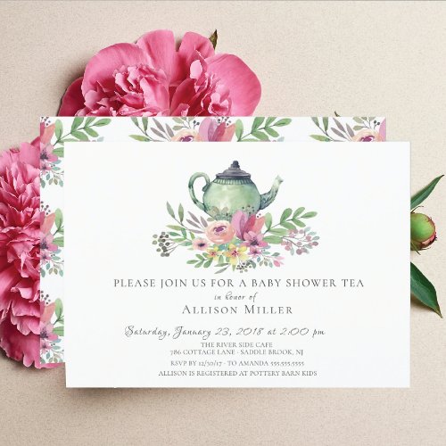 Watercolor Floral Baby Tea Party Invitation