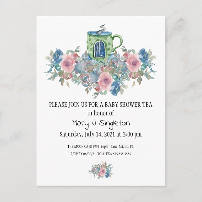 Watercolor Floral Baby Tea Party Invitation Postcard (Front)