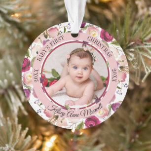 Watercolor Floral Baby's First Christmas Photo Orn Ornament