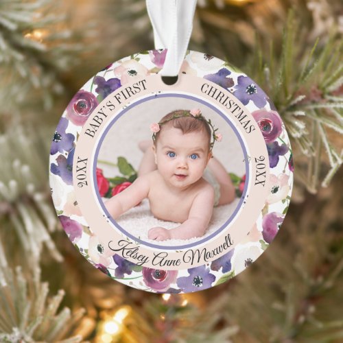 Watercolor Floral Babys First Christmas Photo Ornament