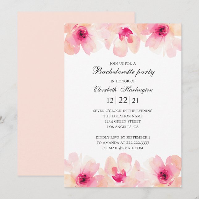 Watercolor floral bachelorette party. Pink flowers Invitation (Front/Back)