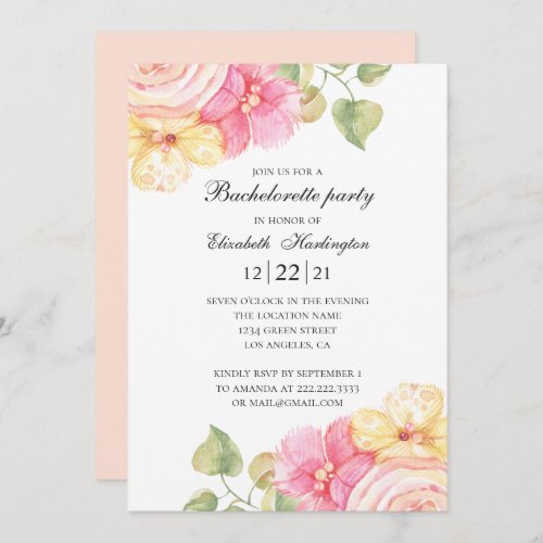 Watercolor floral bachelorette party Pink flowers Invitation