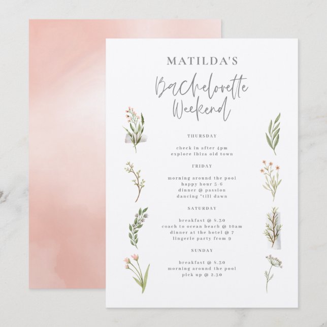 Watercolor floral bachelorette weekend itinerary (Front/Back)