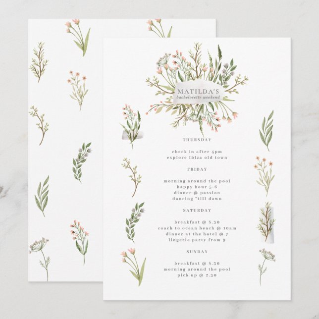 Watercolor floral bachelorette weekend itinerary (Front/Back)