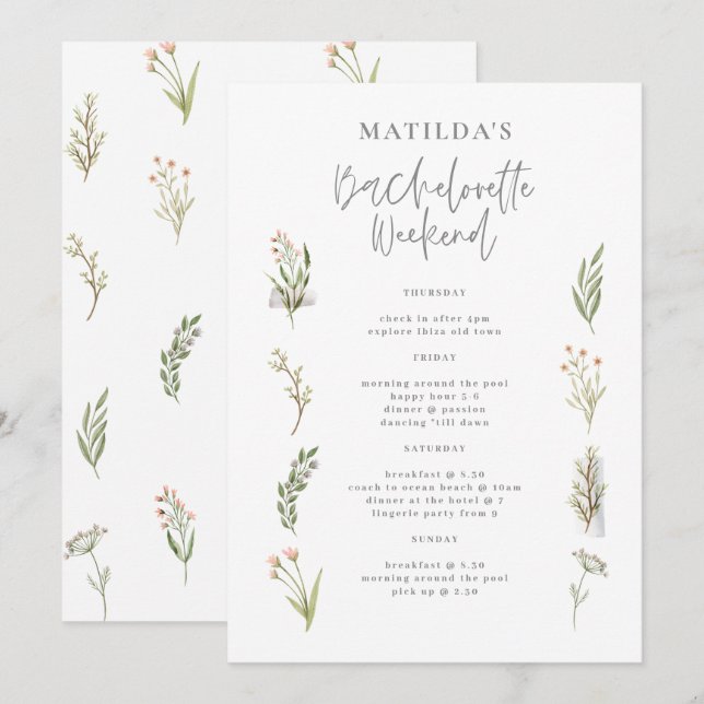 Watercolor floral bachelorette weekend itinerary (Front/Back)
