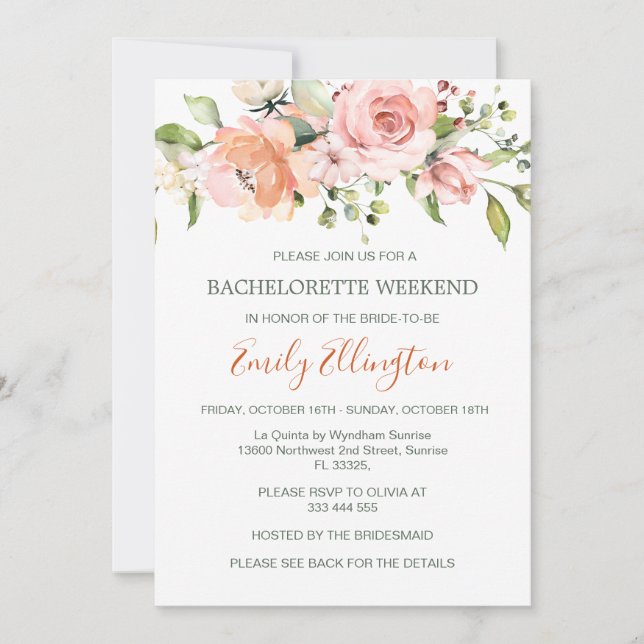 Watercolor floral Bachelorette Weekend Itinerary Invitation (Front)