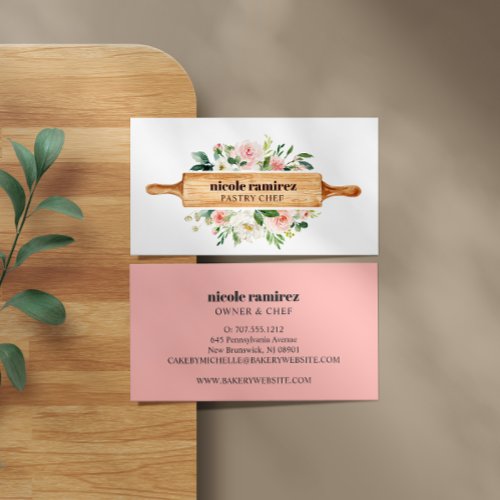 Watercolor Floral Bakery Rolling Pin Patisserie Business Card