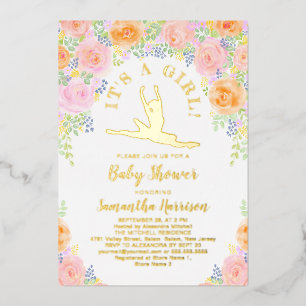 Watercolor Floral Ballerina Baby Shower Pink Gold Foil Invitation