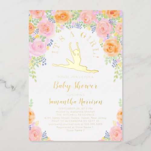 Watercolor Floral Ballerina Baby Shower Pink Gold Foil Invitation