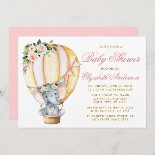 Watercolor Floral Balloon Baby Shower Elephant Invitation