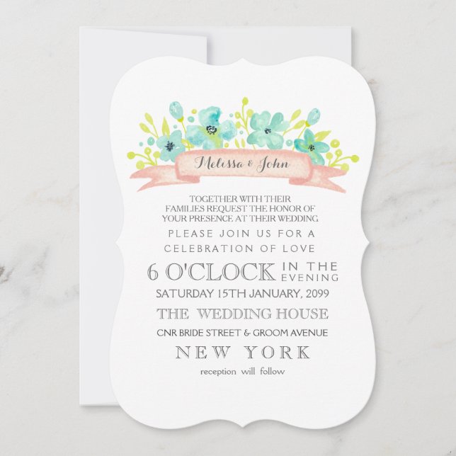 Watercolor Floral Banner Aqua Wedding Invite (Front)