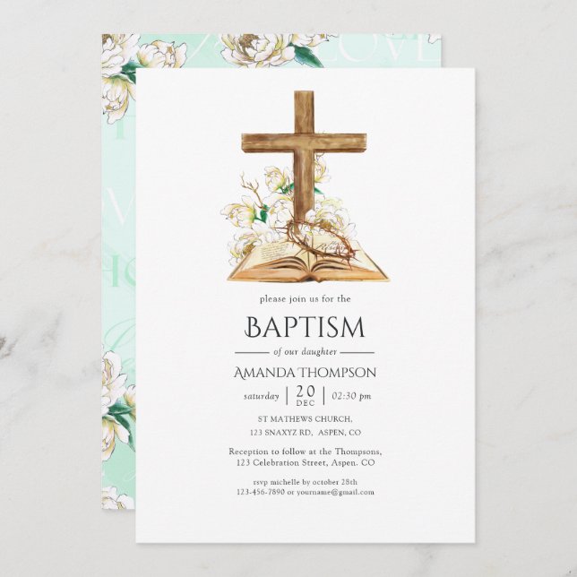 Watercolor Floral Baptism/ Christening/ Dedication Invitation (Front/Back)