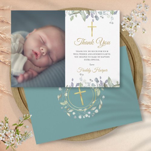 Watercolor Floral Baptism Christening Photo Thank You Card