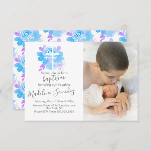 Watercolor Floral Baptism Cross Baby Dedication  Invitation