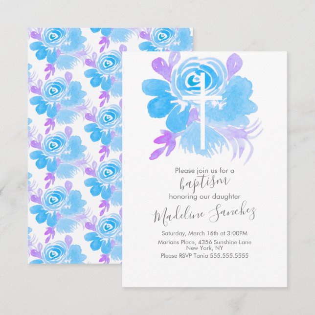 Watercolor Floral Baptism Cross Blue Invitation (Front/Back)