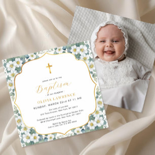 Watercolor Floral Baptism Gold Cross Invitation