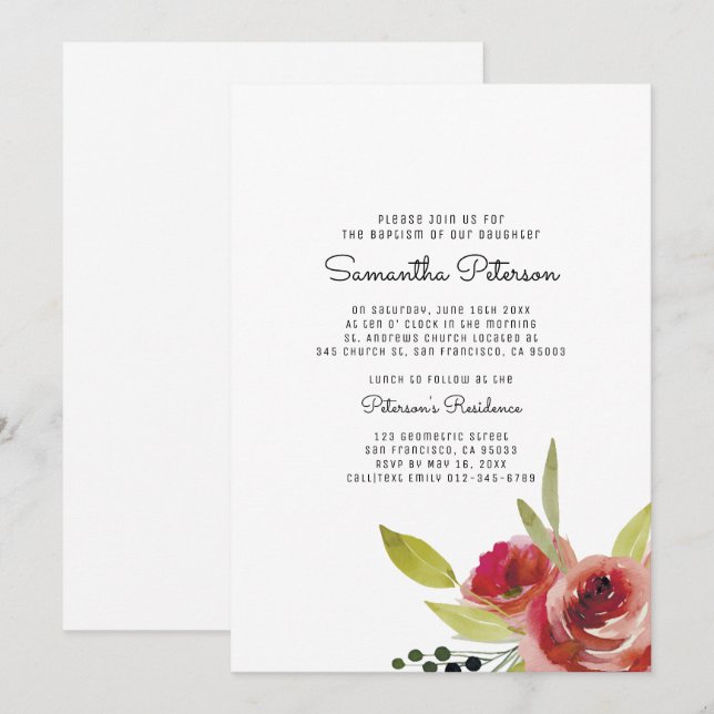 Watercolor Floral Baptism Invitation (Front/Back)