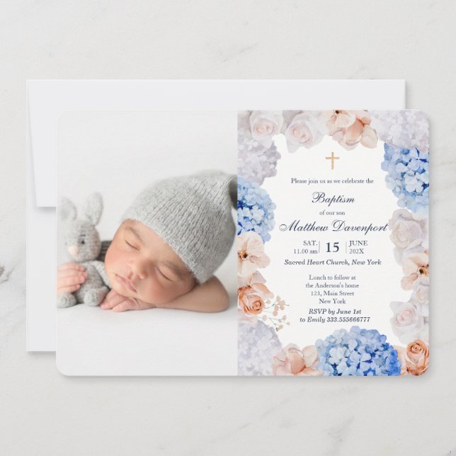 Watercolor Floral Baptism photo invitation (Front)
