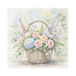 Watercolor Floral Basket with Roses and Hydrangeas Metal Print