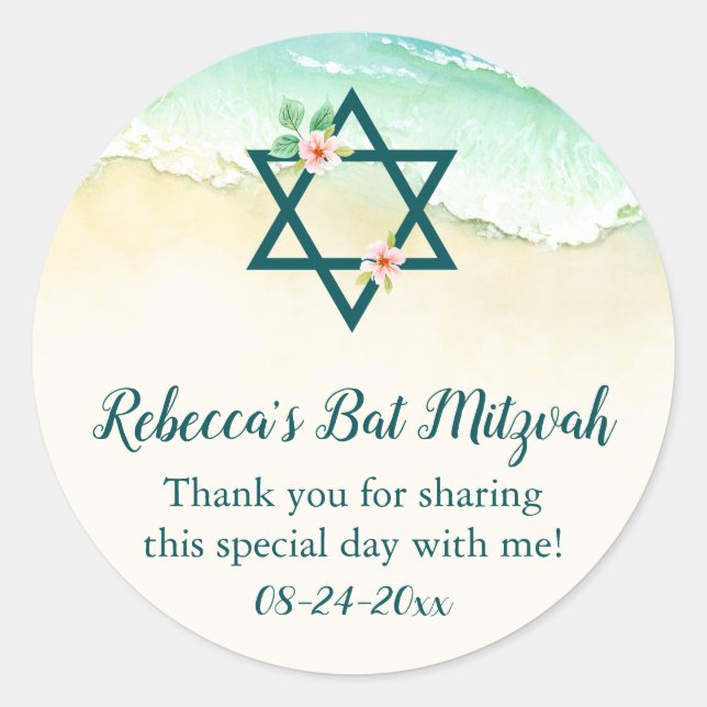 Watercolor Floral Beach Bat Mitzvah Classic Round Sticker (Front)