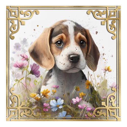 Watercolor Floral Beagle Puppy and Gold Frame Acrylic Print