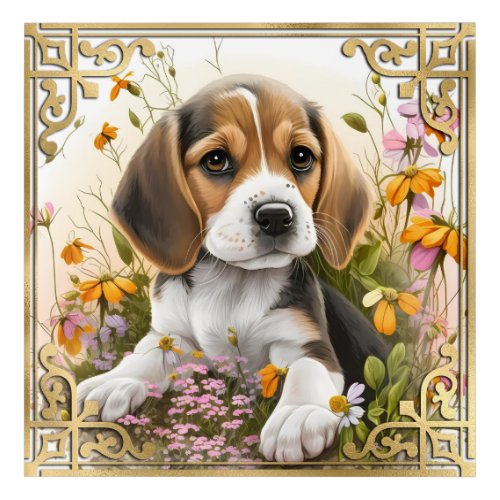 Watercolor Floral Beagle Puppy and Gold Frame Acrylic Print