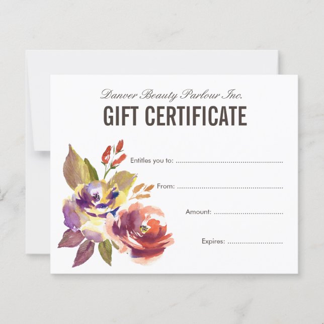 Watercolor Floral Beauty Salon Gift Certificate (Front)