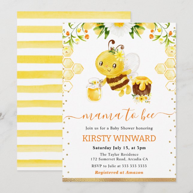 Watercolor Floral Bee Baby Shower Invitation (Front/Back)
