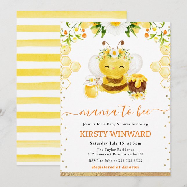 Watercolor Floral Bee Baby Shower Invitation (Front/Back)