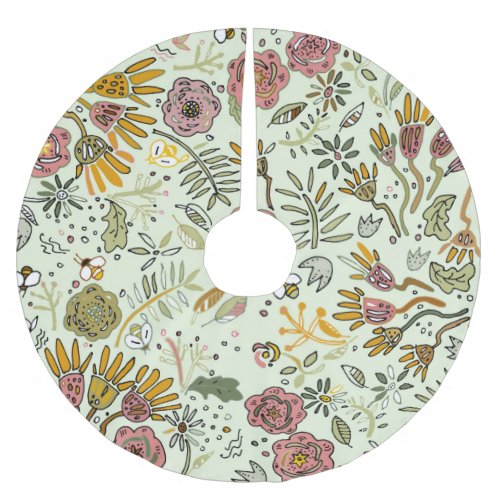 Watercolor Floral Bee Flowers Elegant Modern Brushed Polyester Tree Skirt