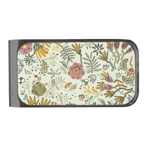 Watercolor Floral Bee Flowers Elegant Modern Gunmetal Finish Money Clip