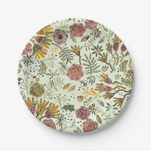 Watercolor Floral Bee Flowers Elegant Modern Paper Plates