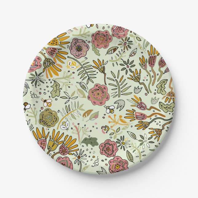 Watercolor Floral Bee Flowers Elegant Modern Paper Plates (Front)