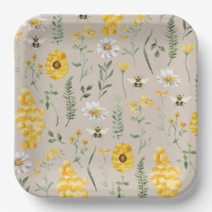 Watercolor Floral Bee Paper Plates
