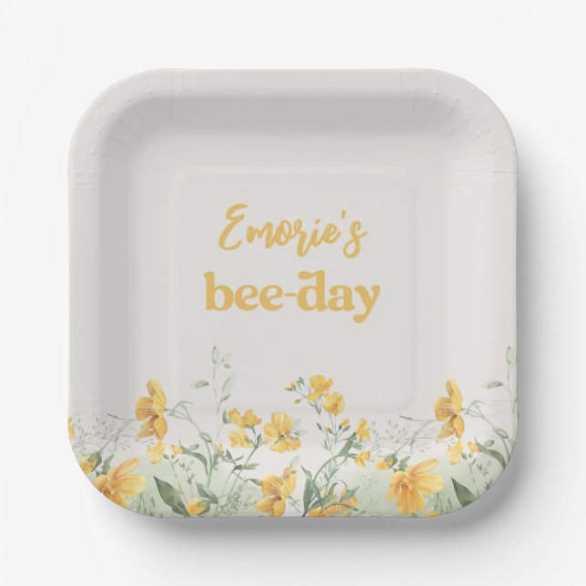 Watercolor Floral Bee Paper Plates (Front)