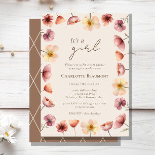 Watercolor Floral Beige It's A Girl Baby Shower Invitation