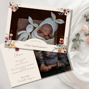 Watercolor Floral Beige Two Photo Birth Announcement